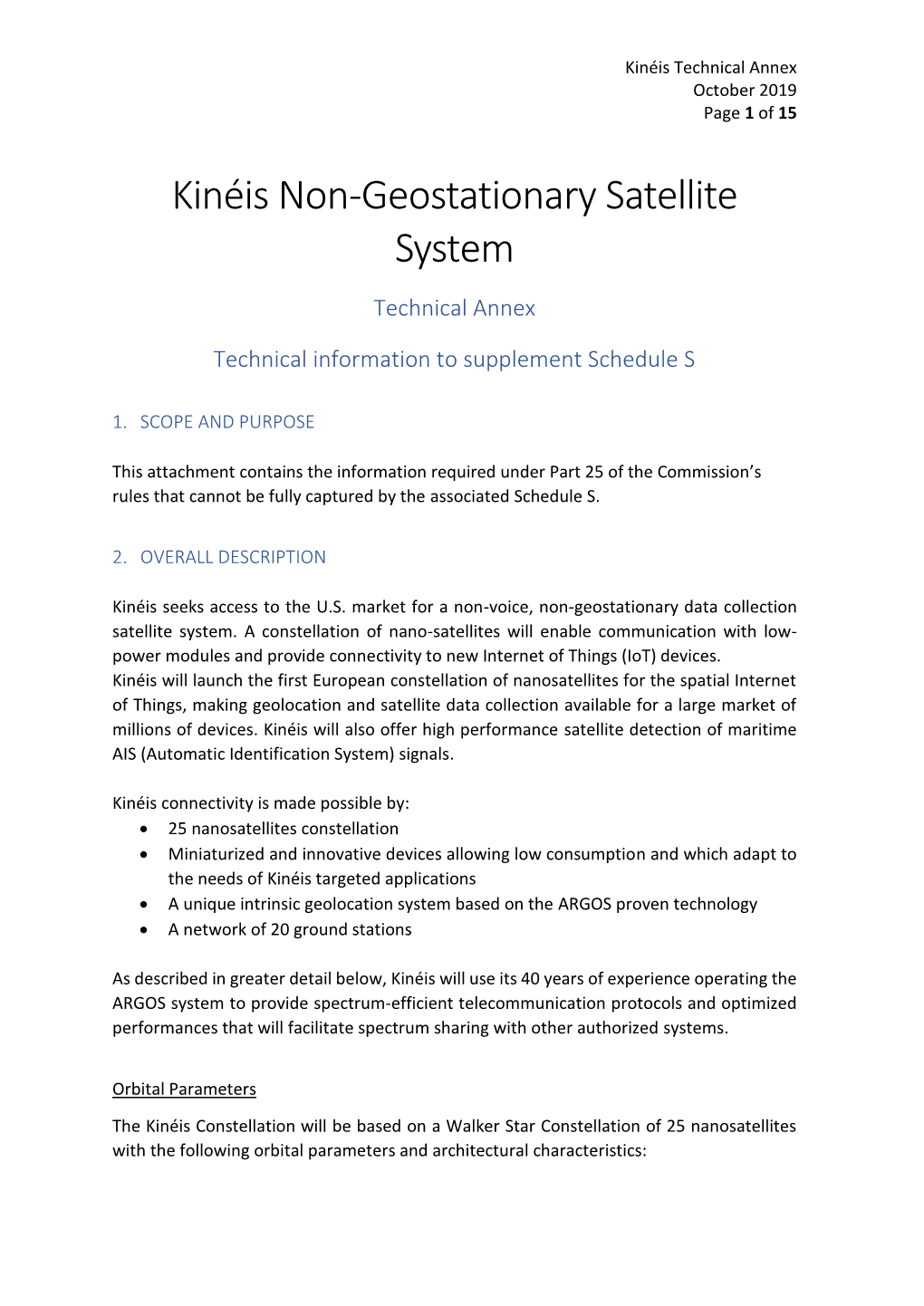 Kinéis Non-Geostationary Satellite System Technical Annex