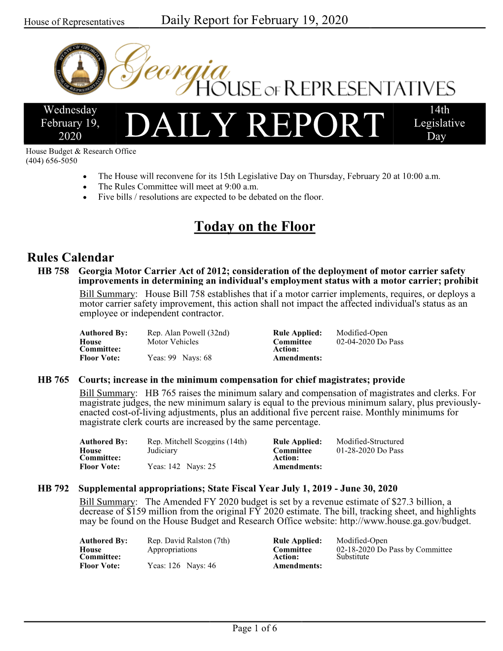 Daily Report for February 19, 2020