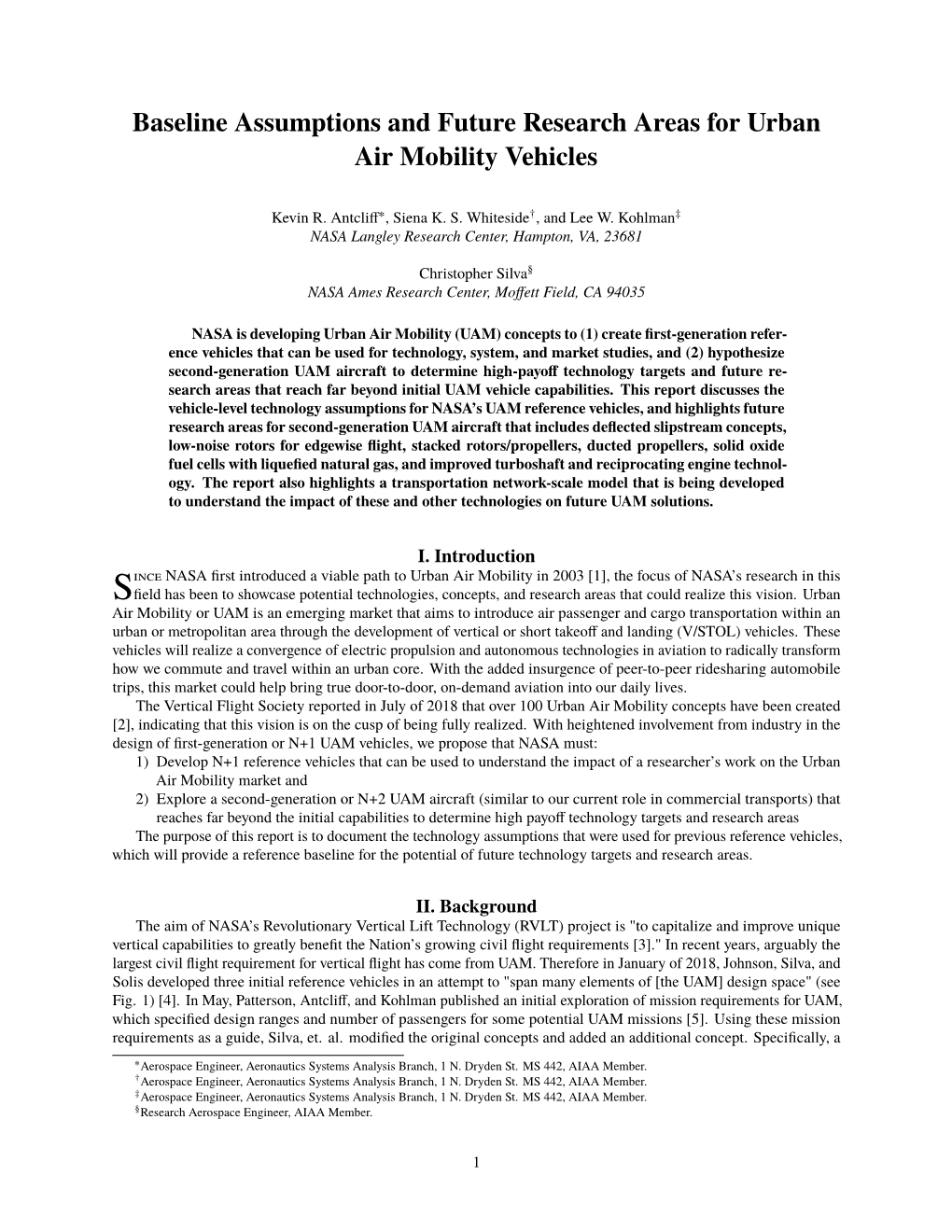 Baseline Assumptions and Future Research Areas for Urban Air Mobility Vehicles