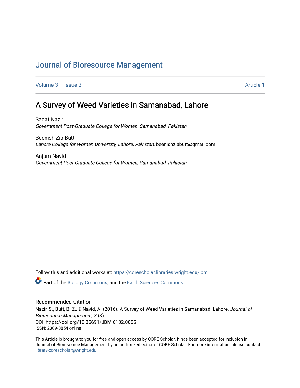 A Survey of Weed Varieties in Samanabad, Lahore