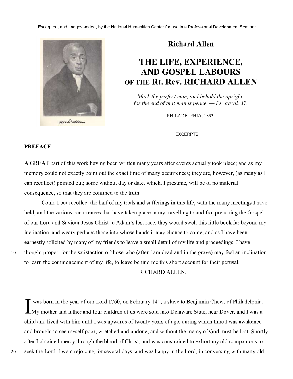 Richard Allen, the Life, Experience, and Gospel Labours of the Rt. Rev
