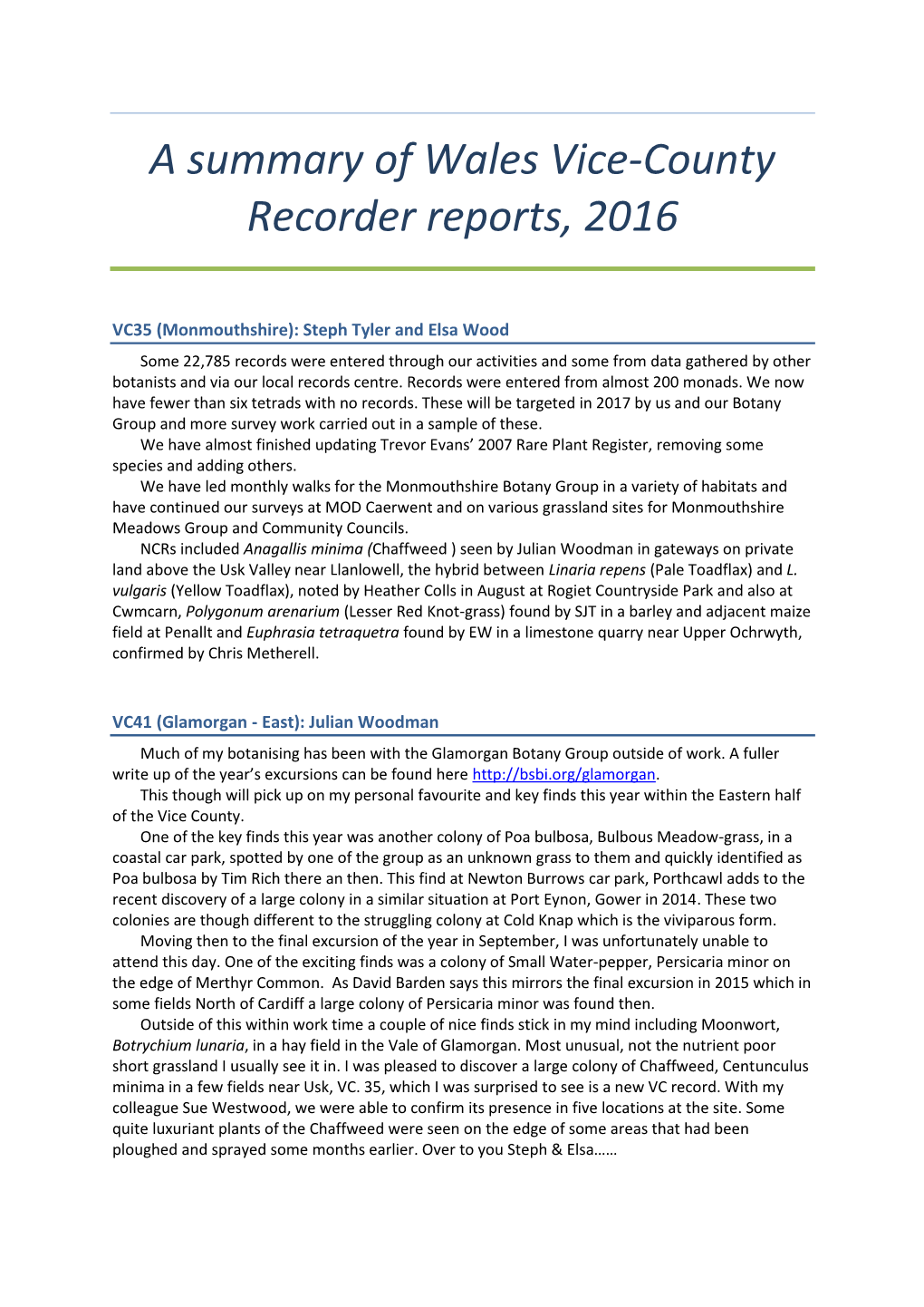 Wales VCR Reports 2016