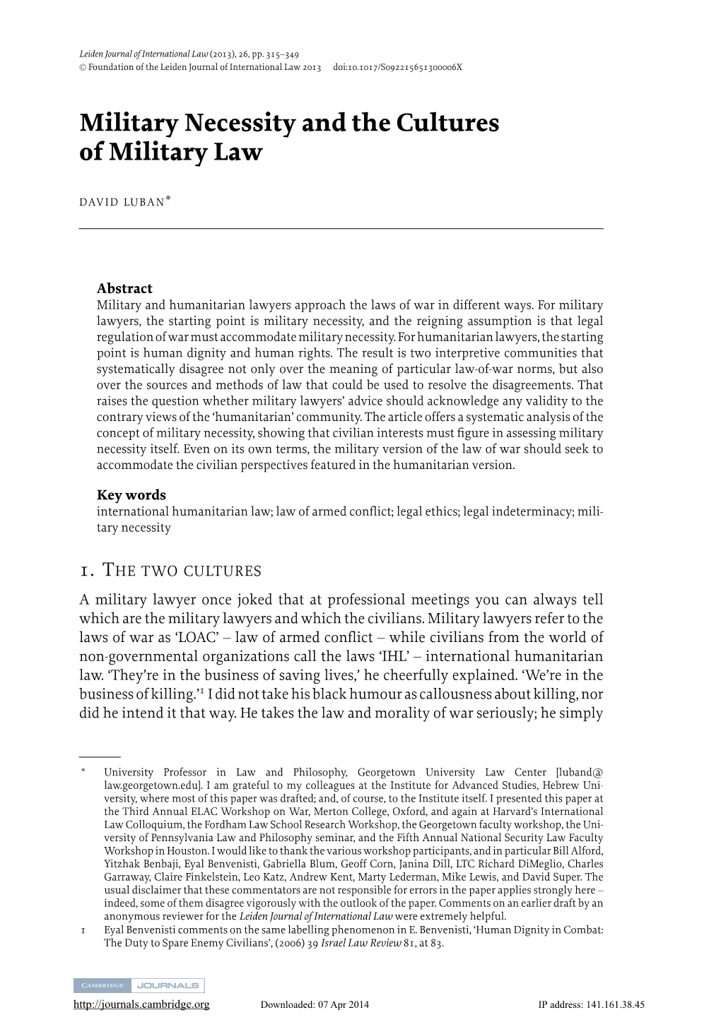 Military Necessity and the Cultures of Military Law