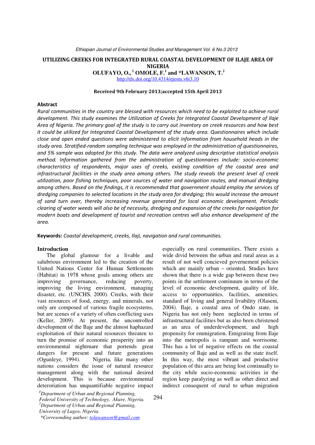 Utilizing Creeks for Integrated Rural Coastal Development of Ilaje Area of Nigeria Olufayo, O., 1 Omole, F