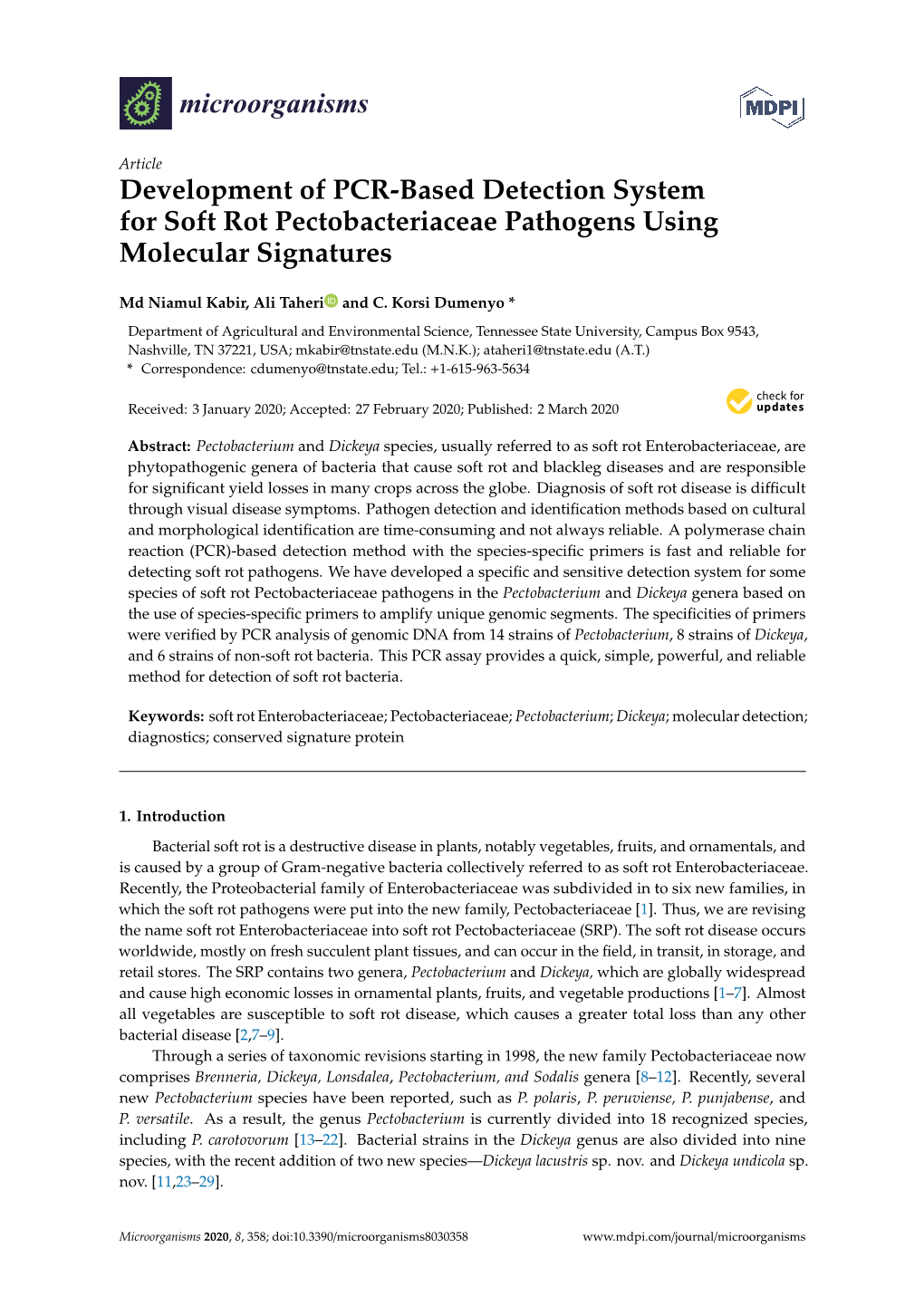 Development of PCR-Based Detection System for Soft Rot Pectobacteriaceae Pathogens Using Molecular Signatures