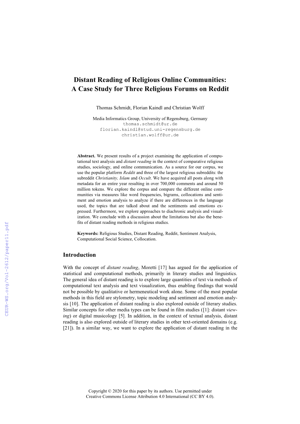 Distant Reading of Religious Online Communities: a Case Study for Three Religious Forums on Reddit