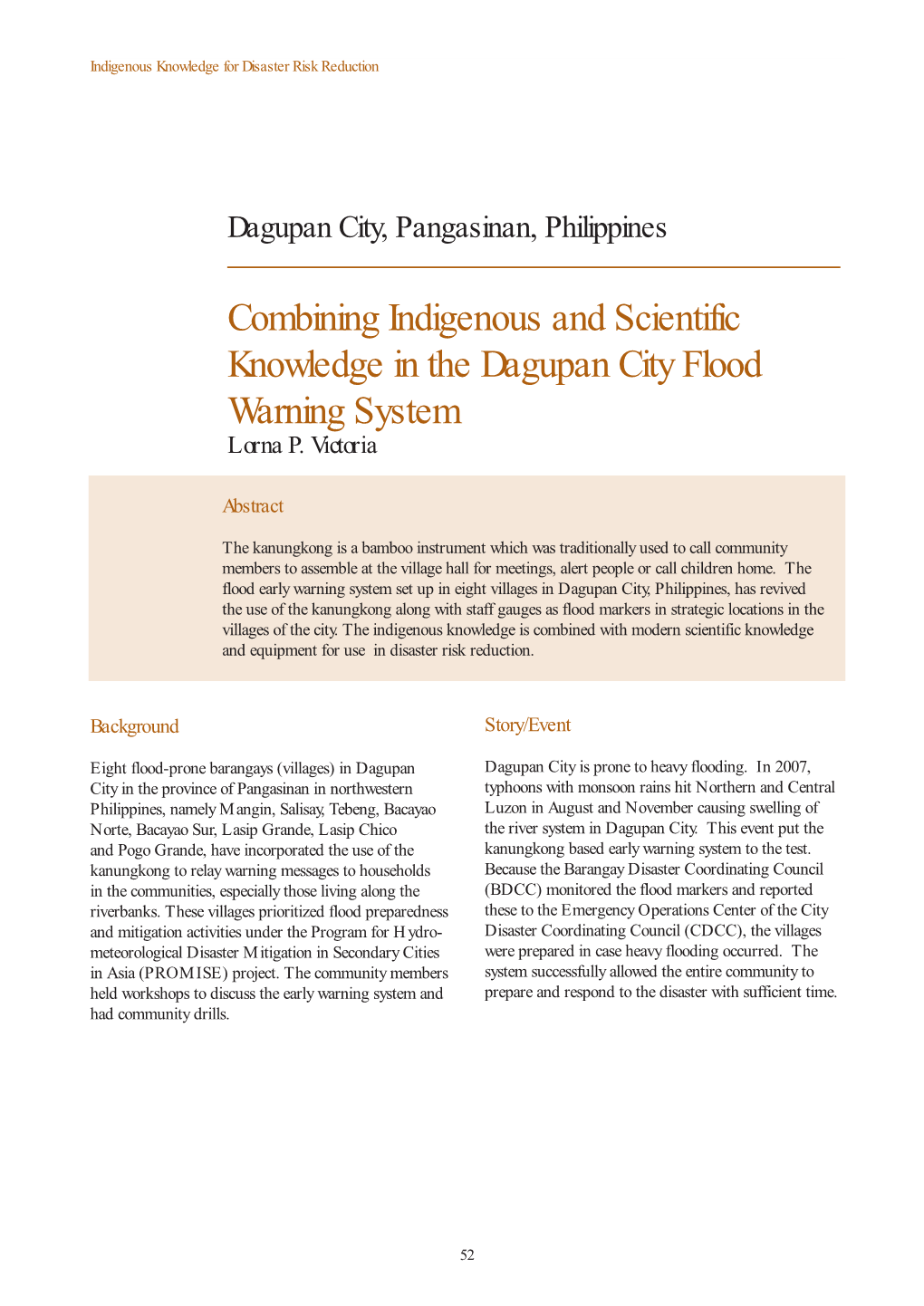 Combining Indigenous and Scientific Knowledge in the Dagupan City Flood Warning System Lorna P