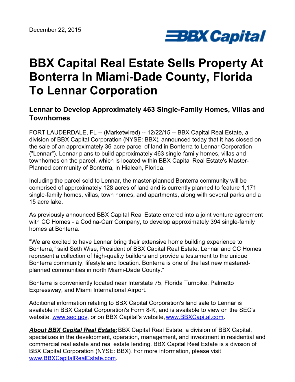 BBX Capital Real Estate Sells Property at Bonterra in Miami-Dade County, Florida to Lennar Corporation