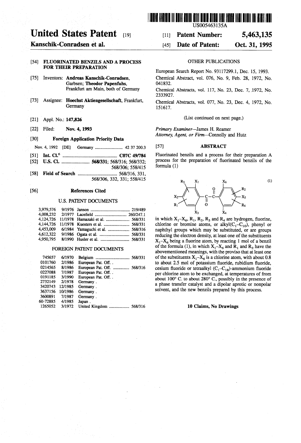 United States Patent (19) 11 Patent Number: 5,463,135 Kanschik-Conradsen Et Al