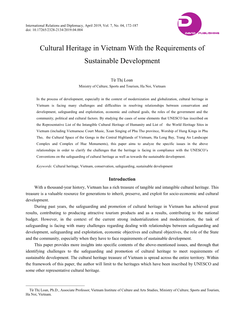 Cultural Heritage in Vietnam with the Requirements of Sustainable Development