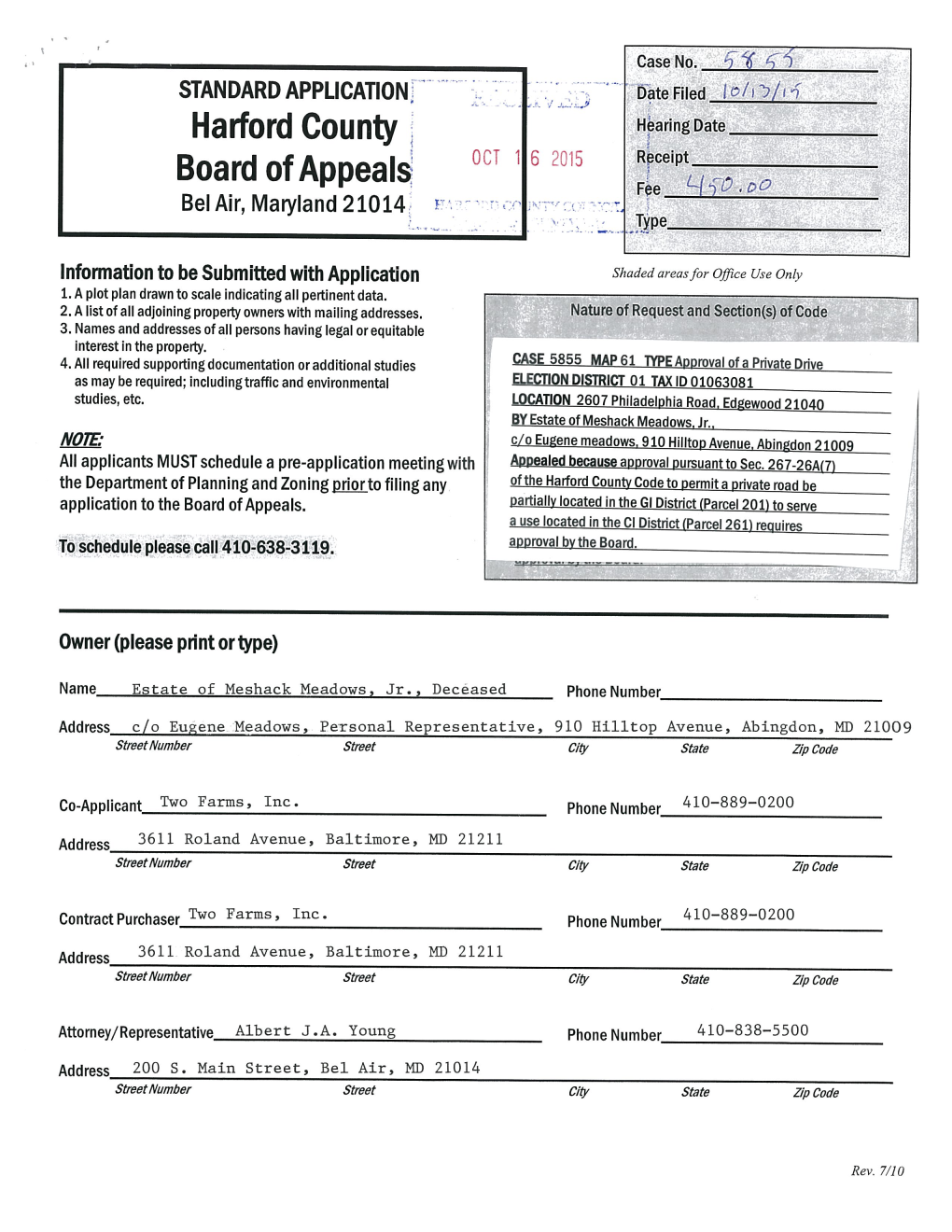 HARFORD COUNTY BOARD of APPEALS Eugene Meadows, Personal Representative of The