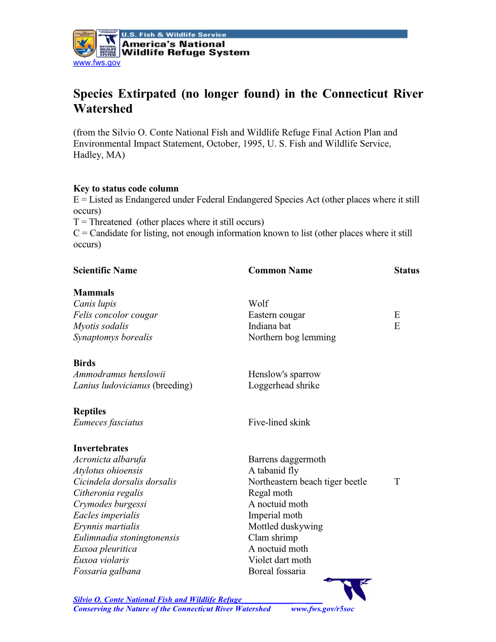 Species Extirpated (No Longer Found) in the Connecticut River Watershed