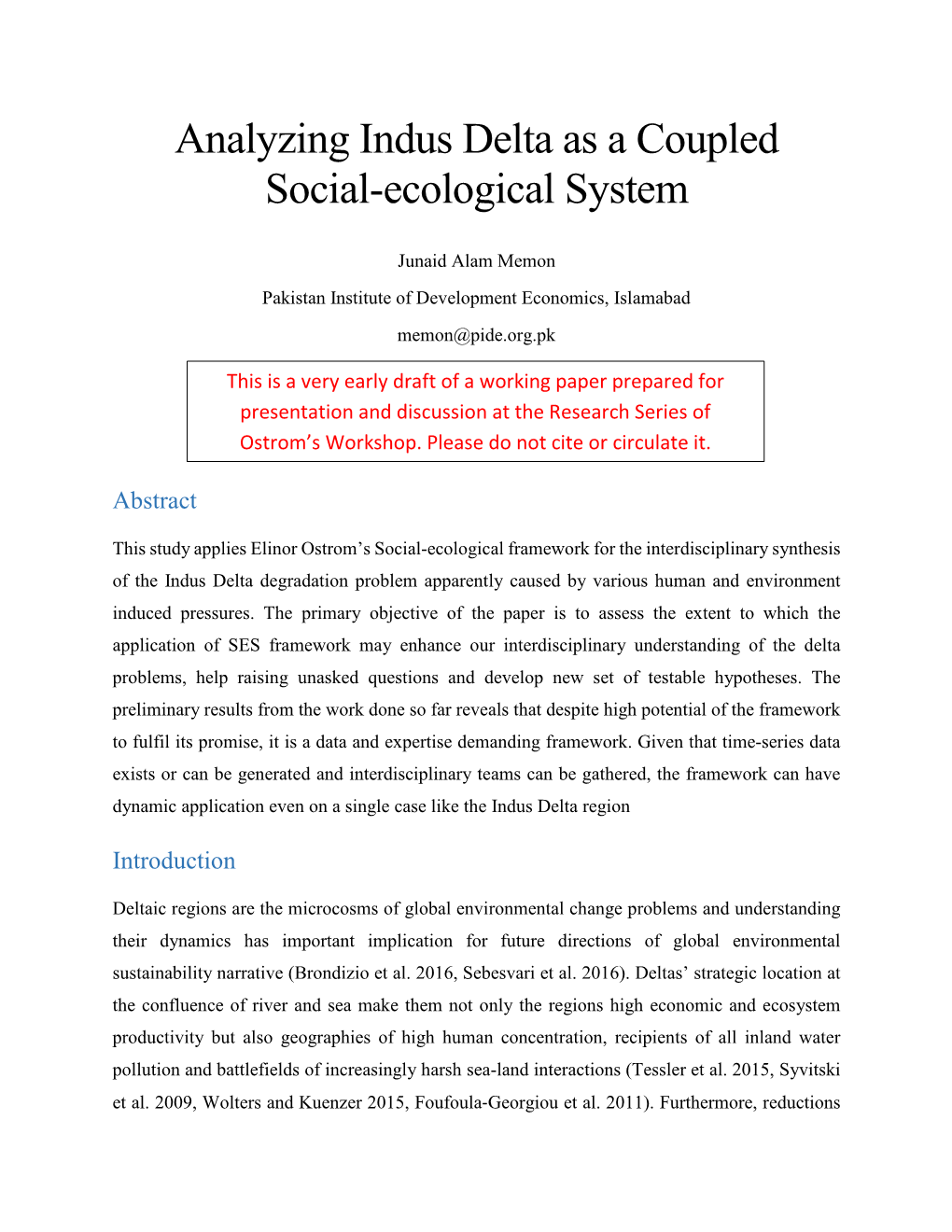 Analyzing Indus Delta As a Coupled Social-Ecological System