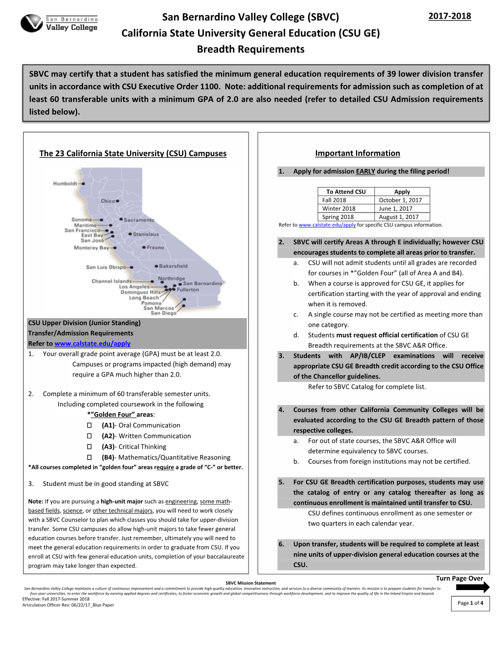 San Bernardino Valley College (SBVC) California State University General Education (CSU GE) Breadth Requirements