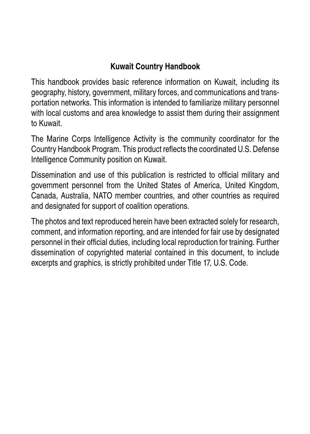 Kuwait Country Handbook This Handbook Provides Basic Reference Information on Kuwait, Including Its Geography, History, Governme