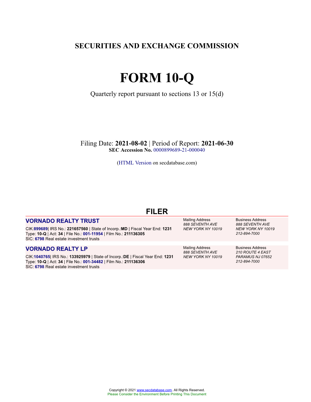 VORNADO REALTY TRUST Form 10-Q Quarterly Report Filed 2021