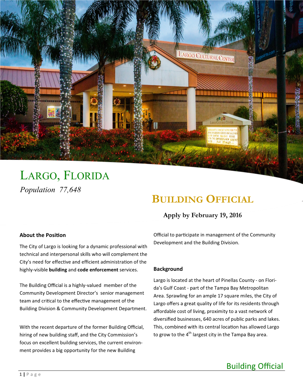 LARGO, FLORIDA Population 77,648 BUILDING OFFICIAL