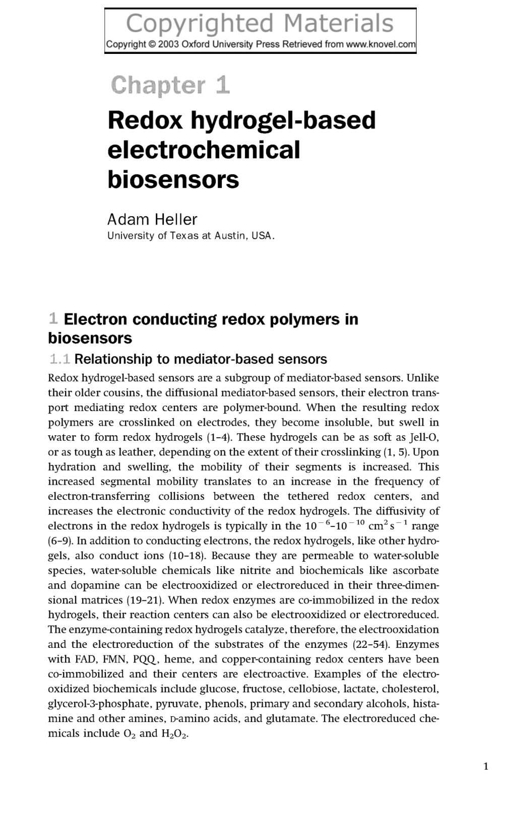 Chapter 1 Redox Hydrogel-Based Electrochemical Biosensors