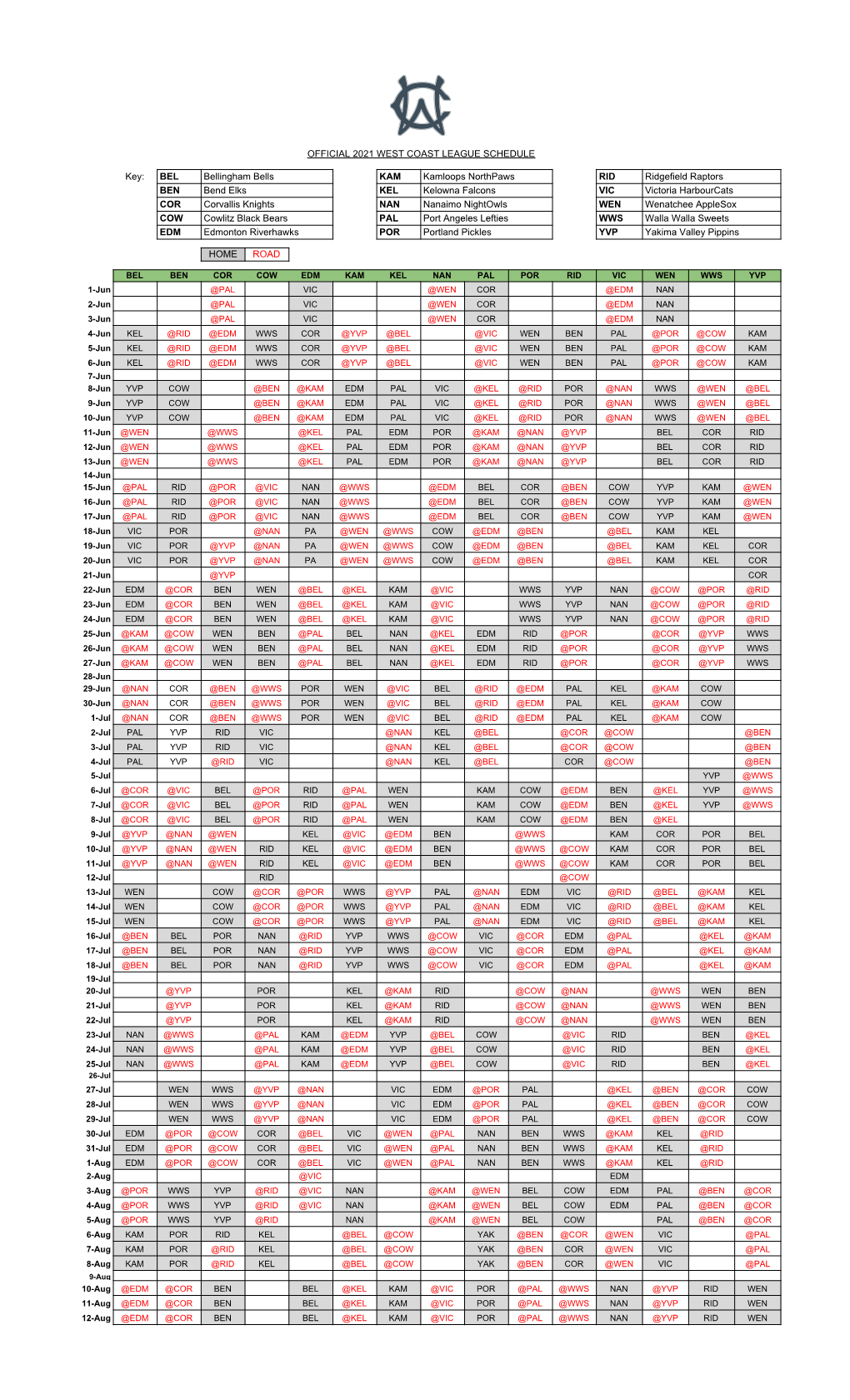 2021 WCL Official Schedule