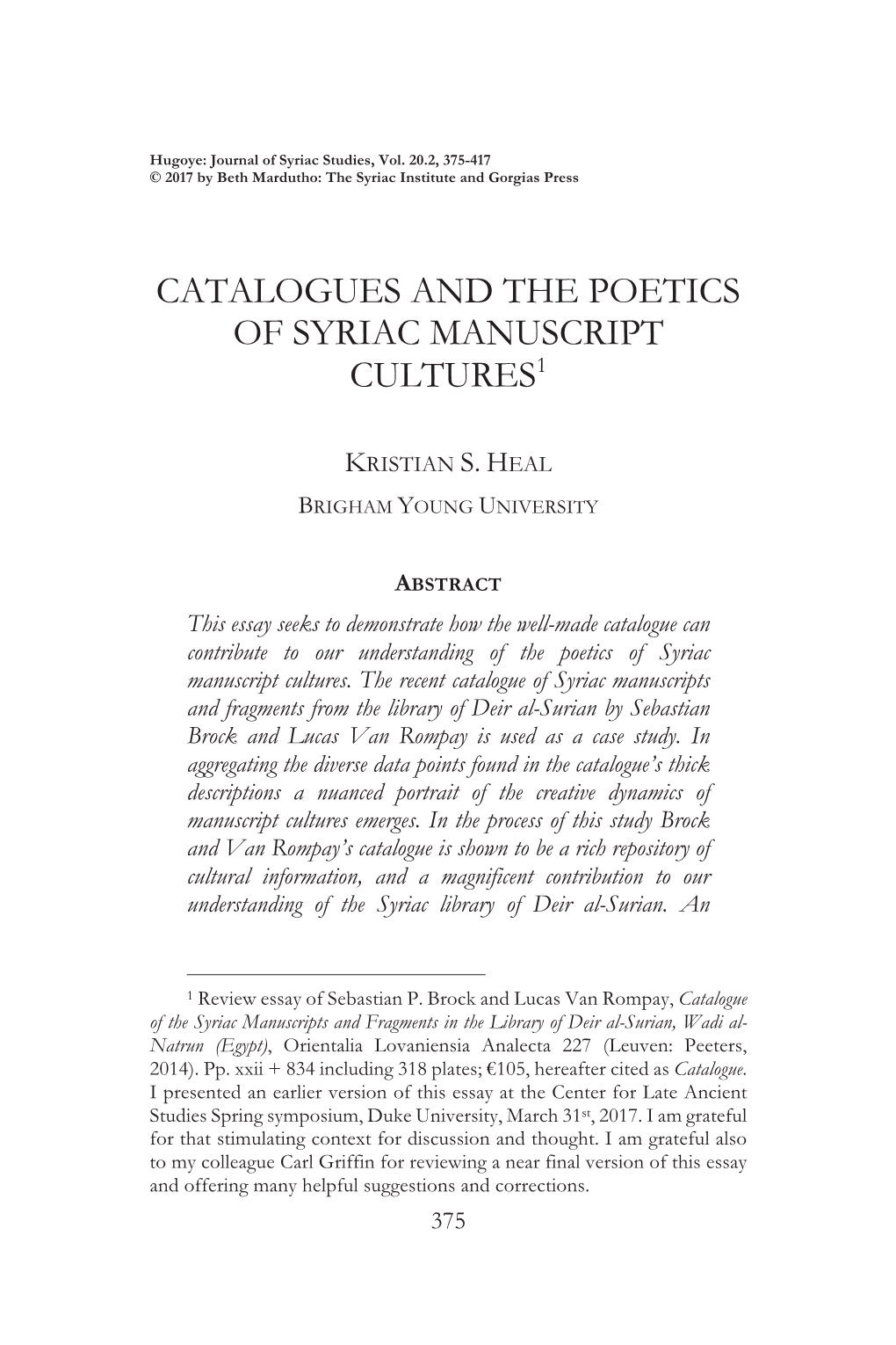 Catalogues and the Poetics of Syriac Manuscript Cultures1