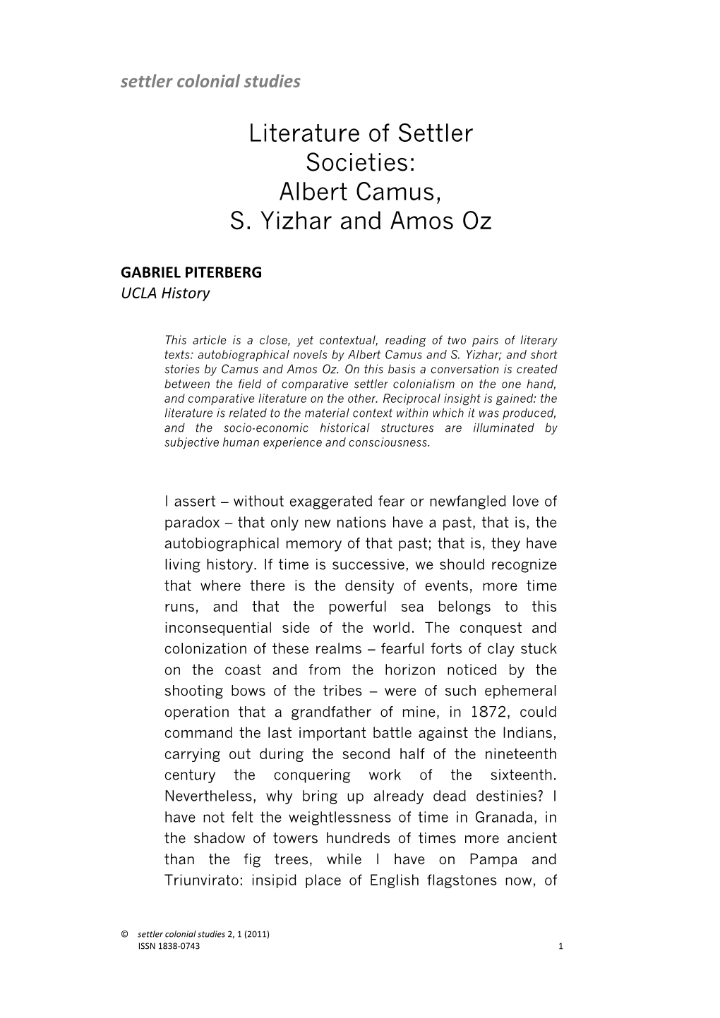 Literature of Settler Societies: Albert Camus, S. Yizhar and Amos Oz