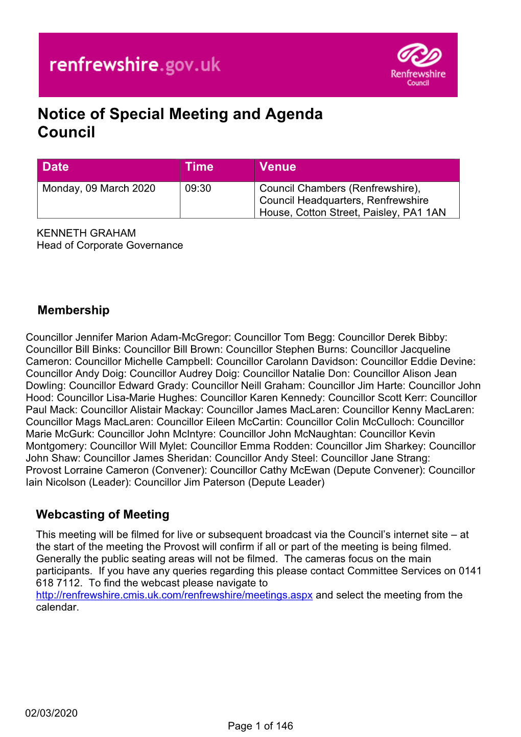 Notice of Special Meeting and Agenda Council