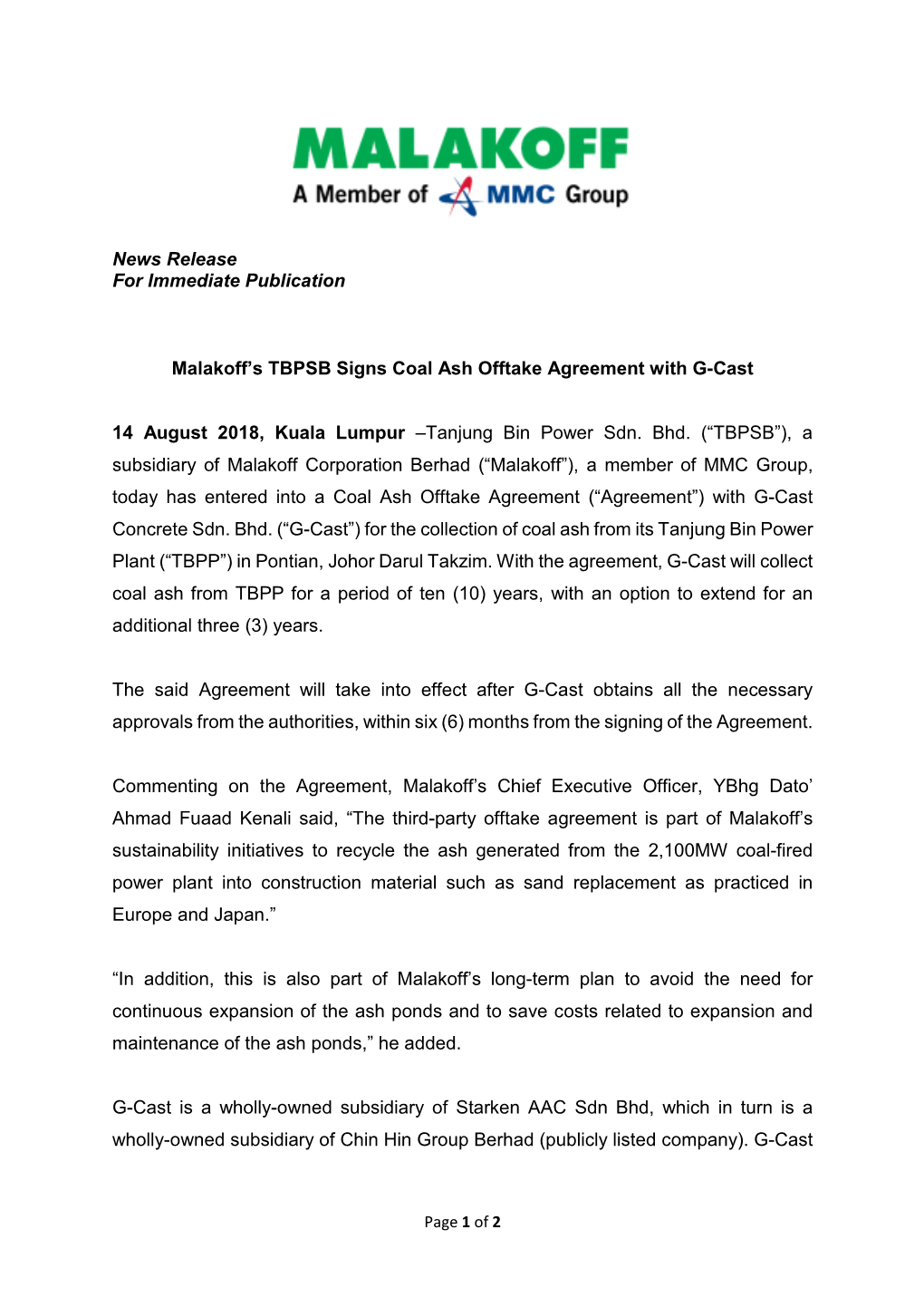 News Release for Immediate Publication Malakoff's TBPSB Signs