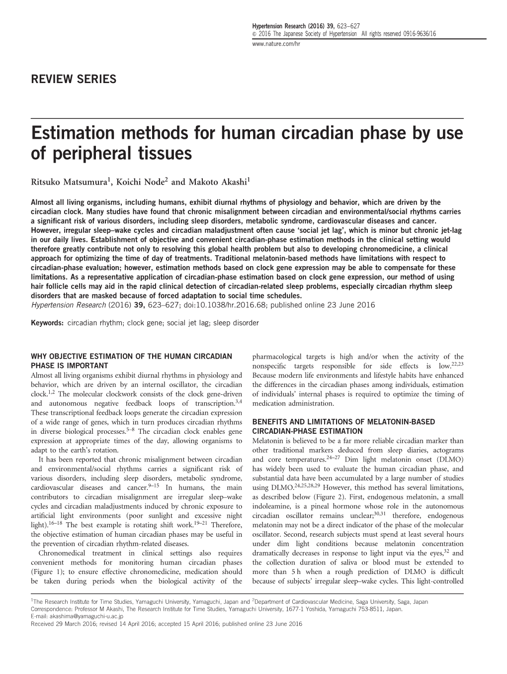 Estimation Methods for Human Circadian Phase by Use of Peripheral Tissues