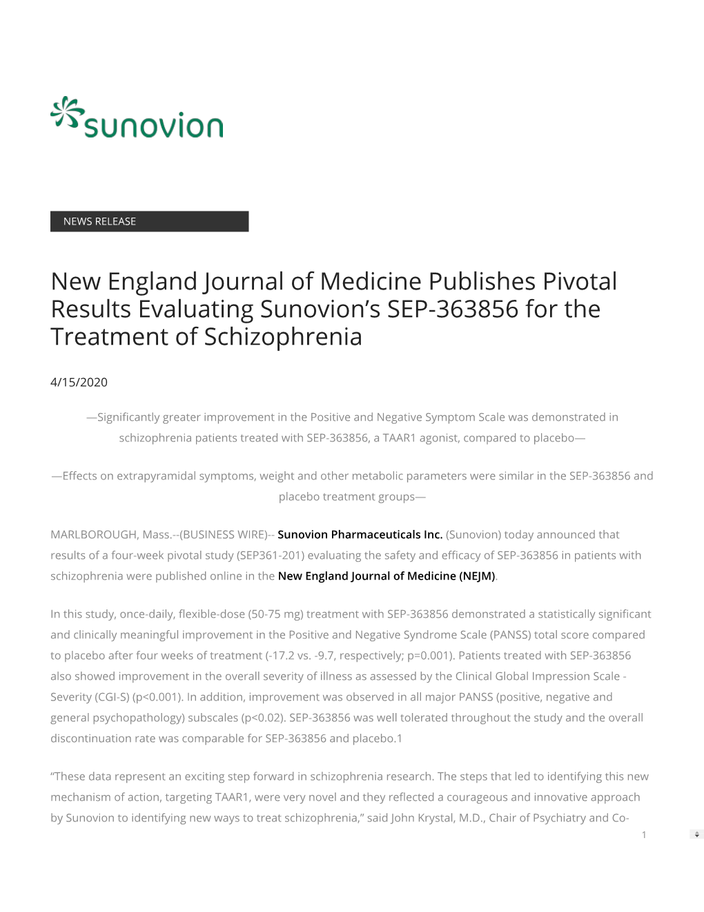 New England Journal of Medicine Publishes Pivotal Results Evaluating Sunovion's SEP-363856 for the Treatment of Schizophrenia