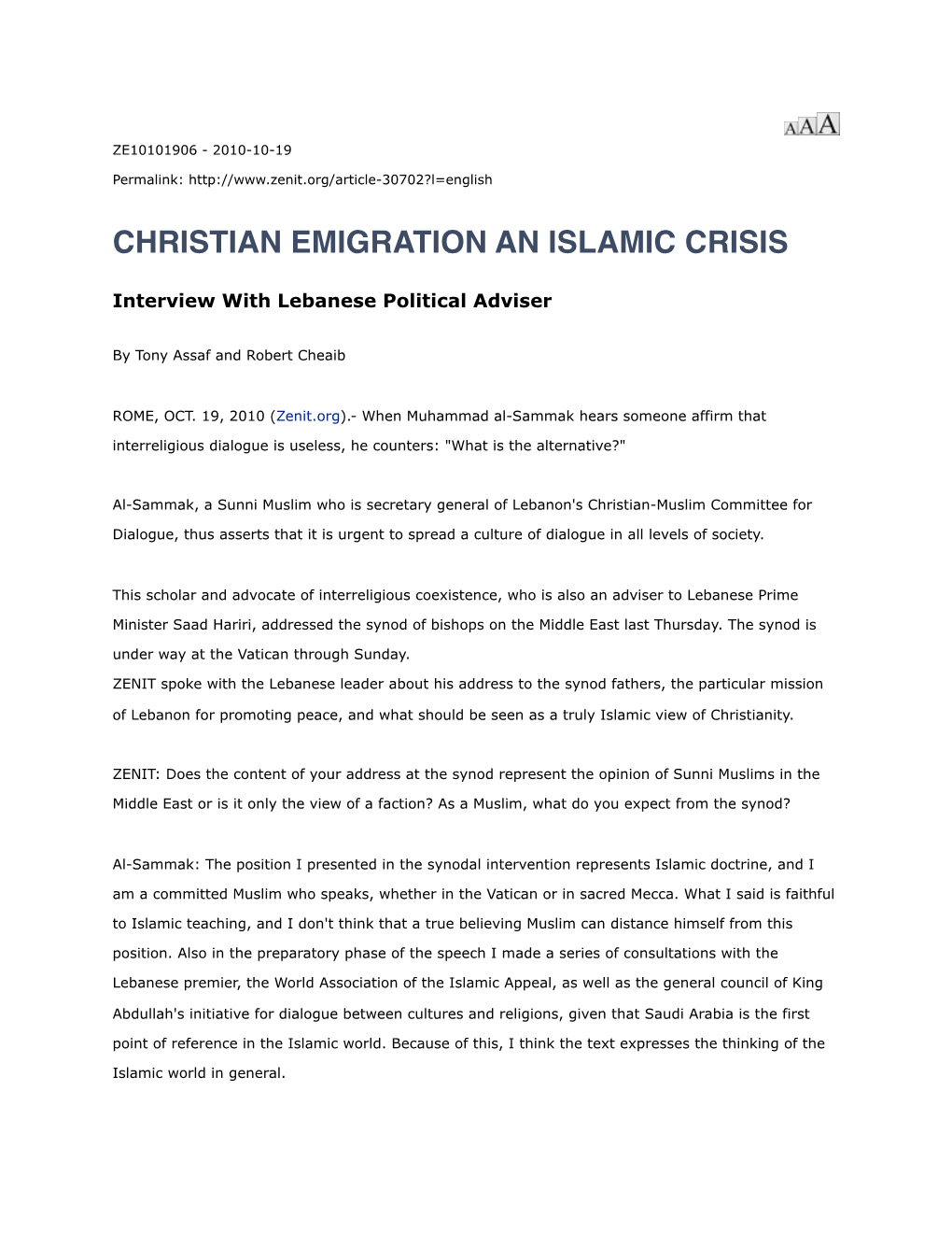 Christian Emigration an Islamic Crisis