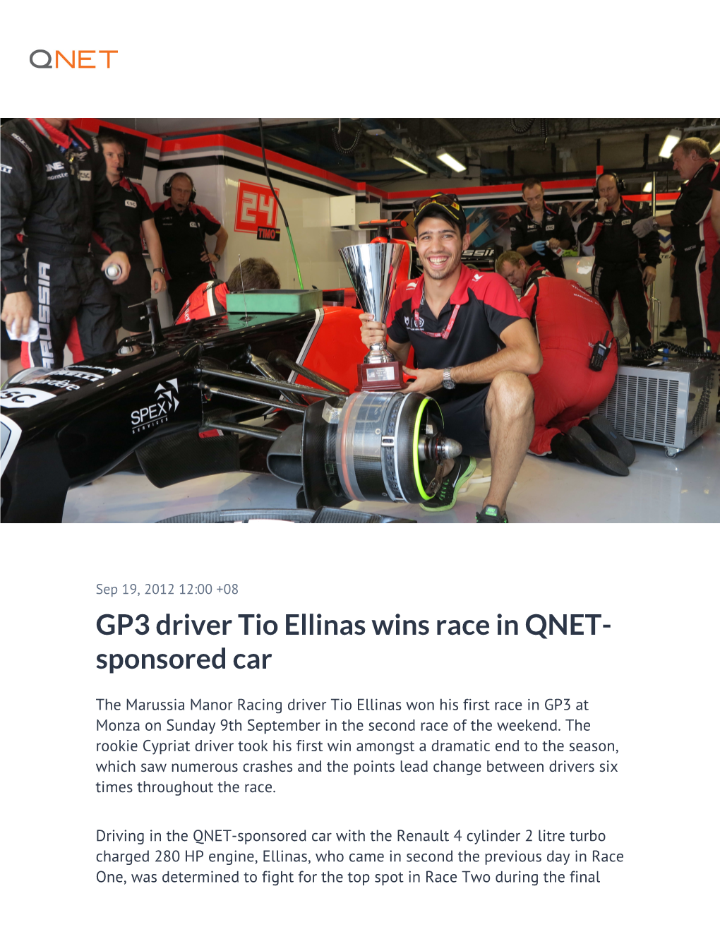 GP3 Driver Tio Ellinas Wins Race in QNET-Sponsored