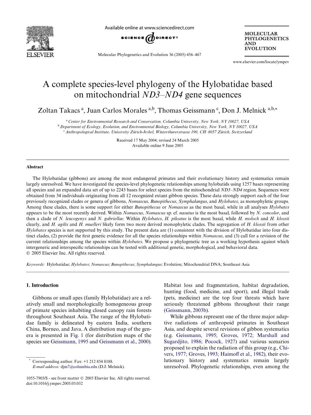 A Complete Species-Level Phylogeny of the Hylobatidae Based on Mitochondrial ND3–ND4 Gene Sequences