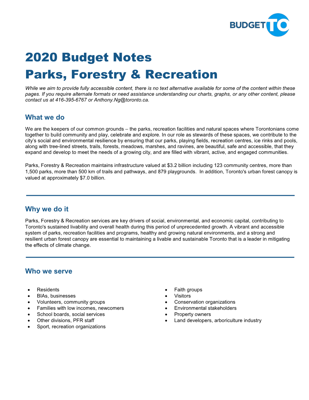 2020 Budget Notes Parks, Forestry & Recreation