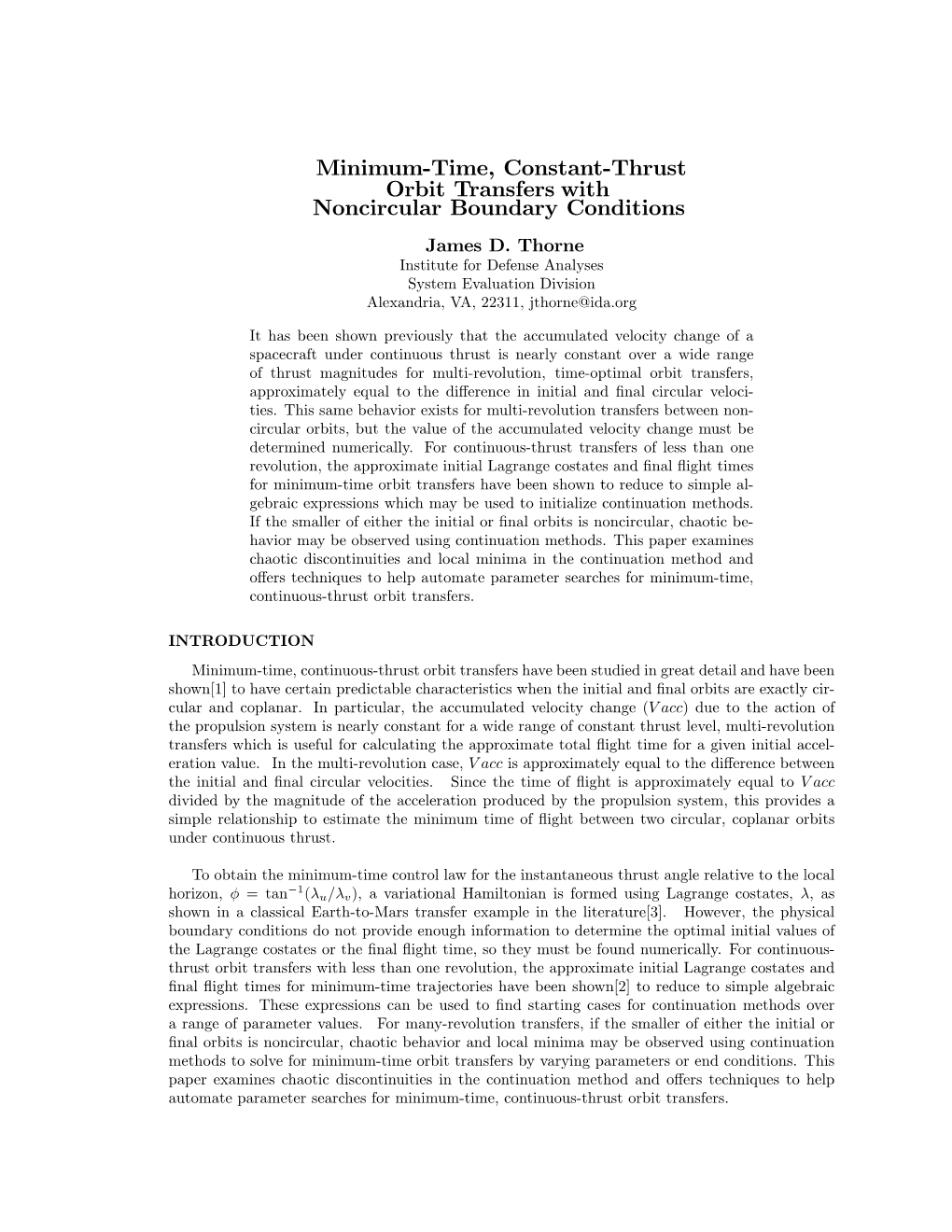 Time, Constant!Thrust Orbit Transfers with Noncircular Boundary Conditions