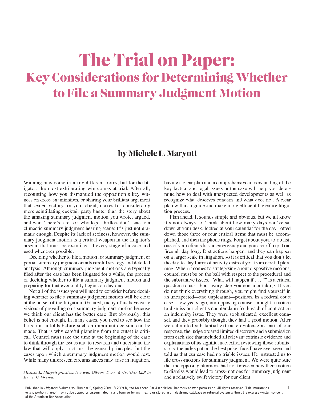 Key Considerations for Determining Whether to File a Summary Judgment Motion