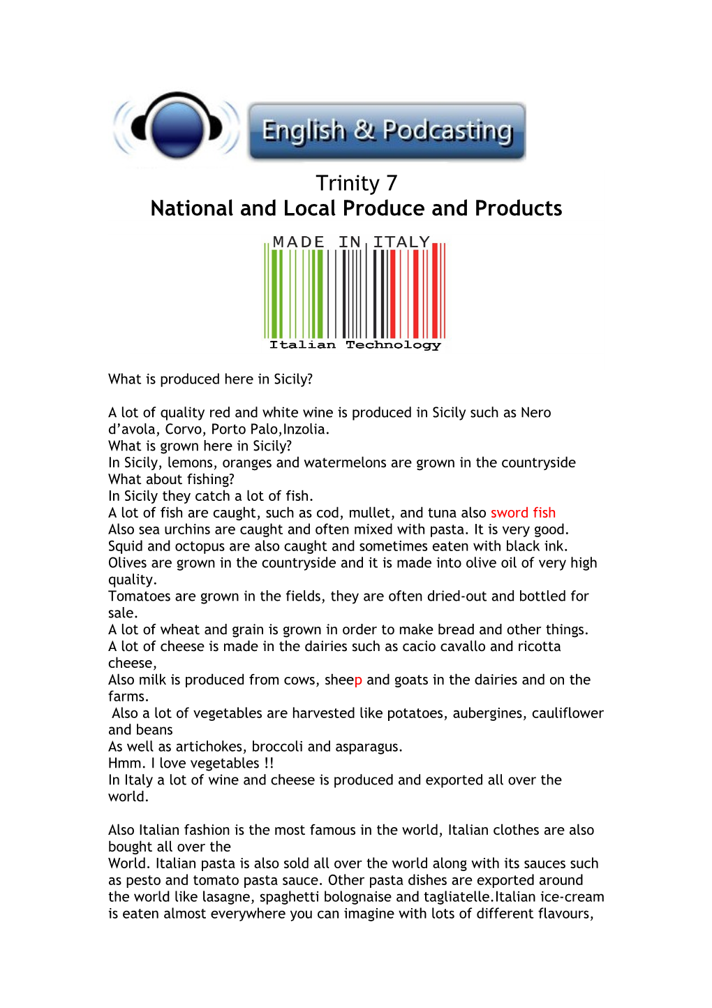 National and Local Produce and Products