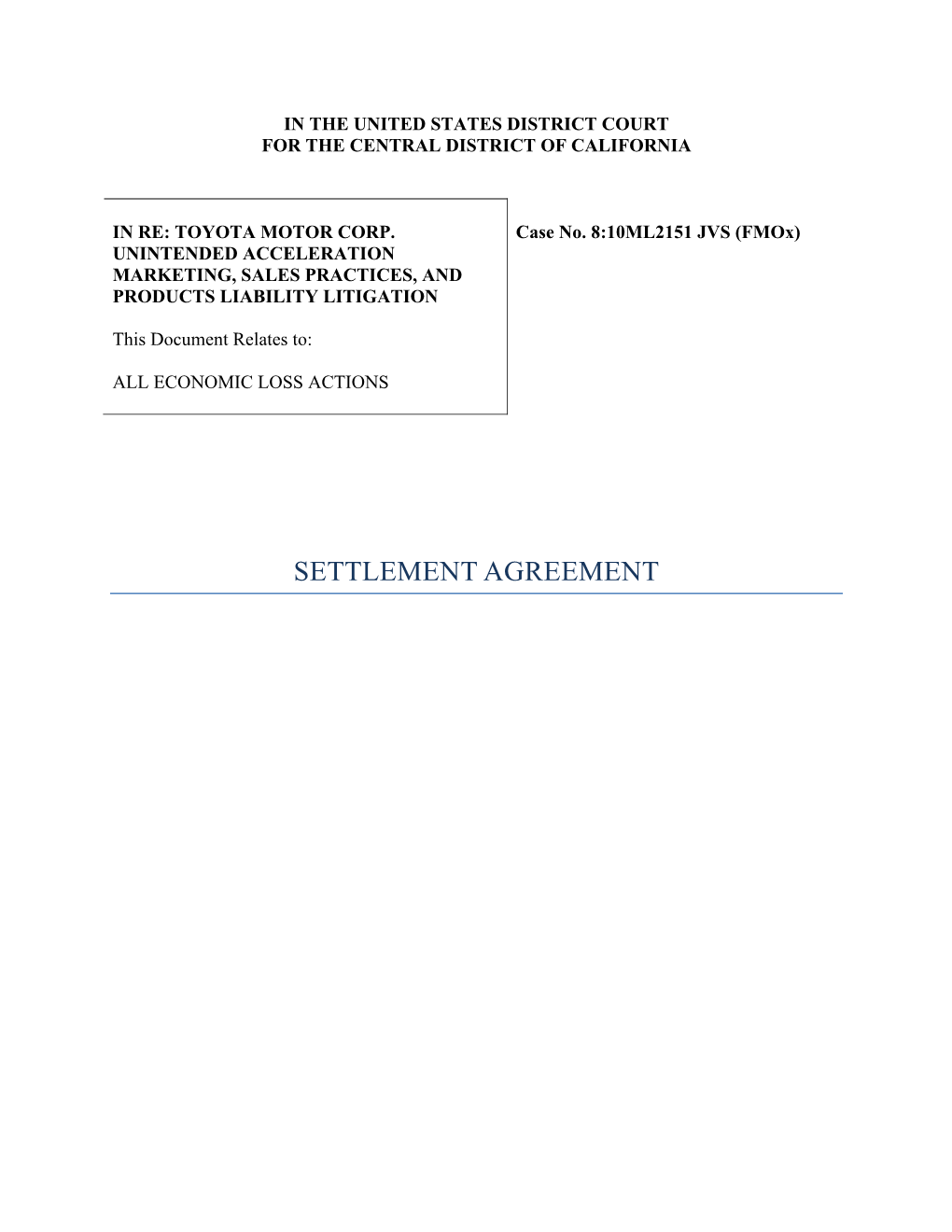 Toyota No. 2151 Settlement Agreement.Pdf