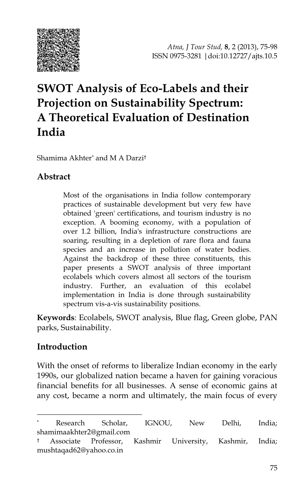 SWOT Analysis of Eco-Labels and Their Projection on Sustainability Spectrum: a Theoretical Evaluation of Destination India