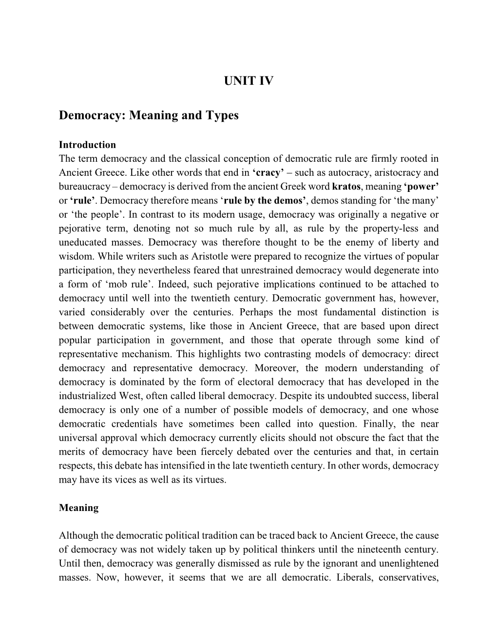 UNIT IV Democracy: Meaning and Types