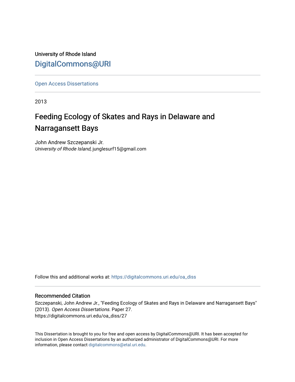 Feeding Ecology of Skates and Rays in Delaware and Narragansett Bays