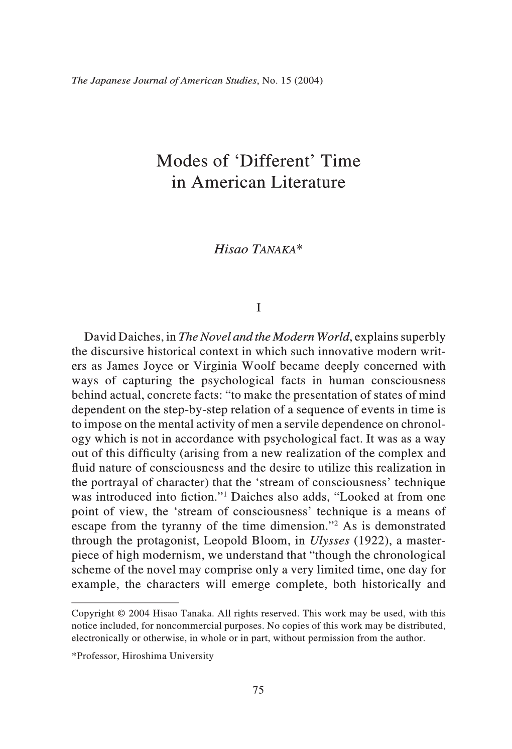 Modes of 'Different' Time in American Literature