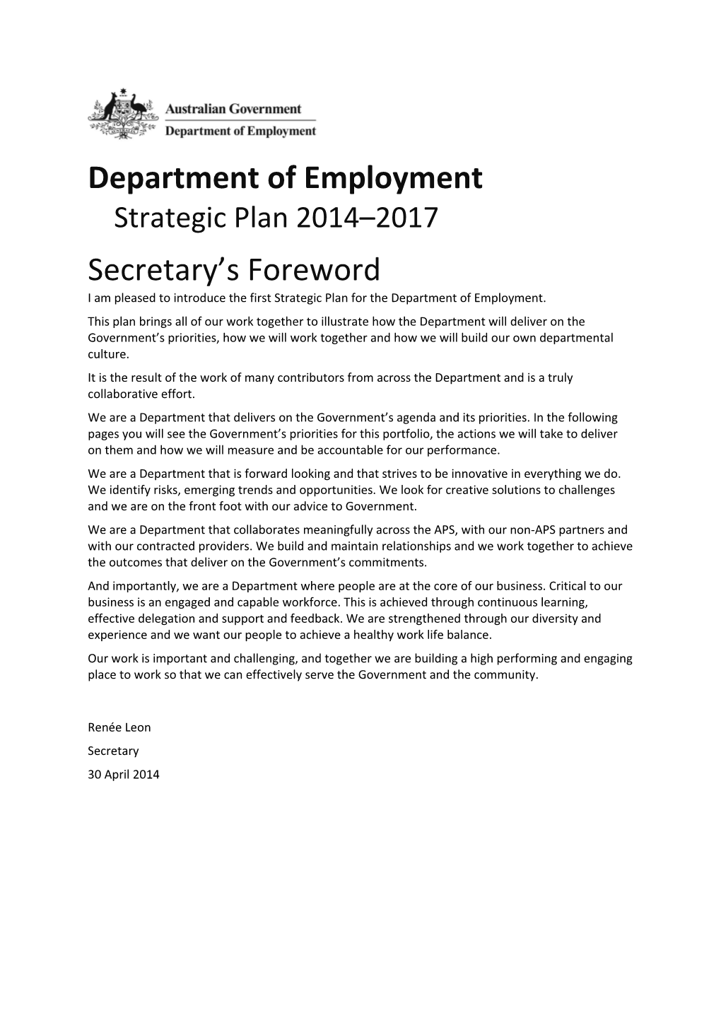Department of Employmentstrategic Plan 2014 2017