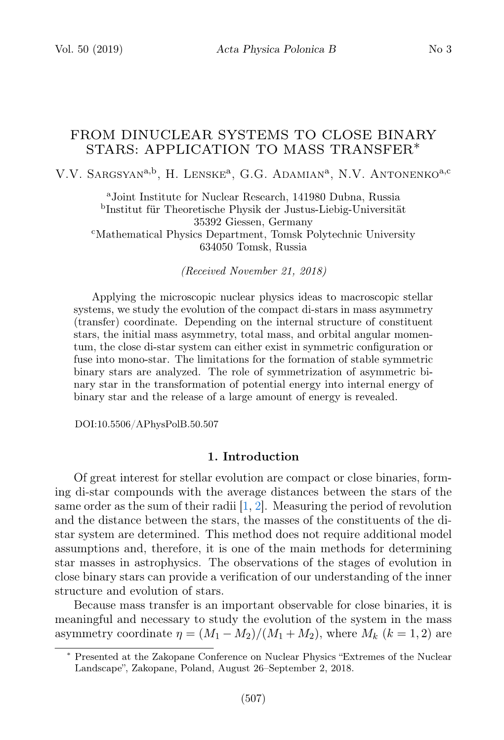 From Dinuclear Systems to Close Binary Stars: Application to Mass Transfer∗