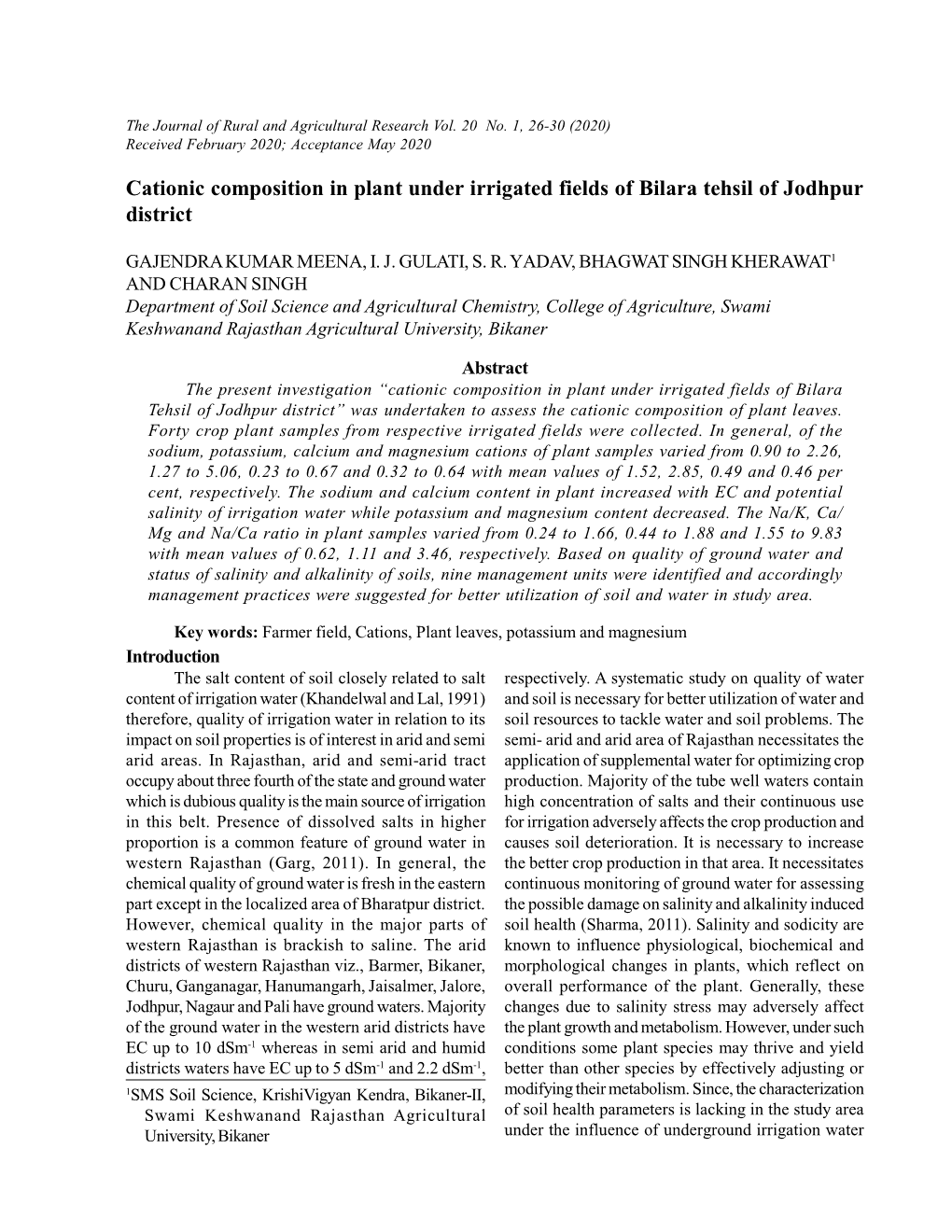 Cationic Composition in Plant Under Irrigated Fields of Bilara Tehsil of Jodhpur District