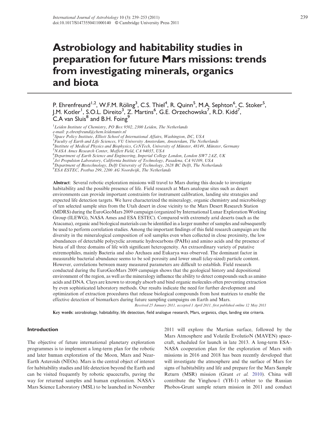 Astrobiology and Habitability Studies in Preparation for Future Mars Missions: Trends from Investigating Minerals, Organics and Biota