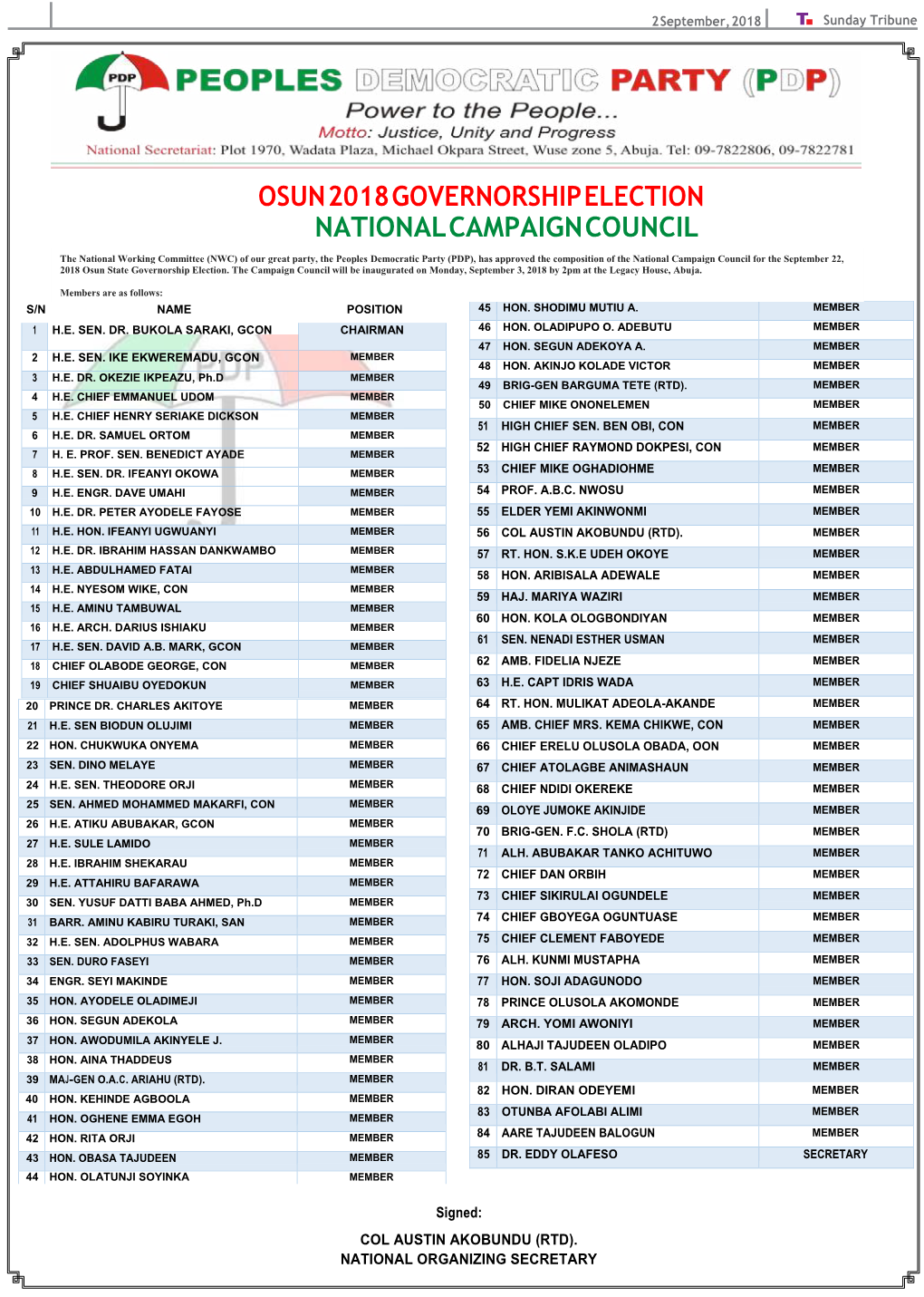 Osun 2018 Governorship Election National Campaign Council