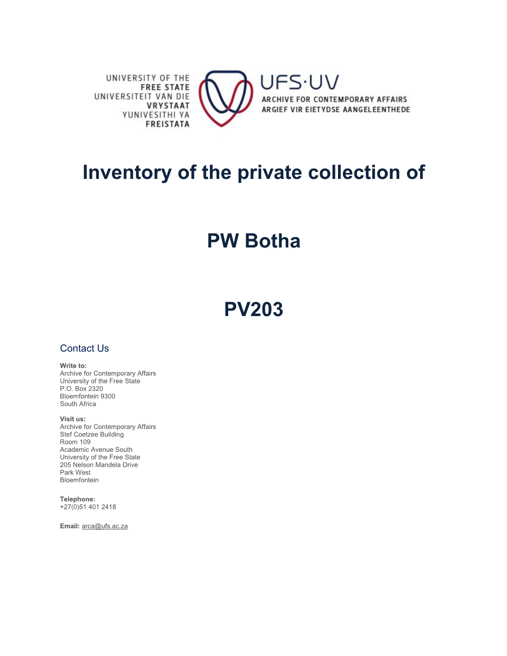 Inventory of the Private Collection of PW Botha PV203