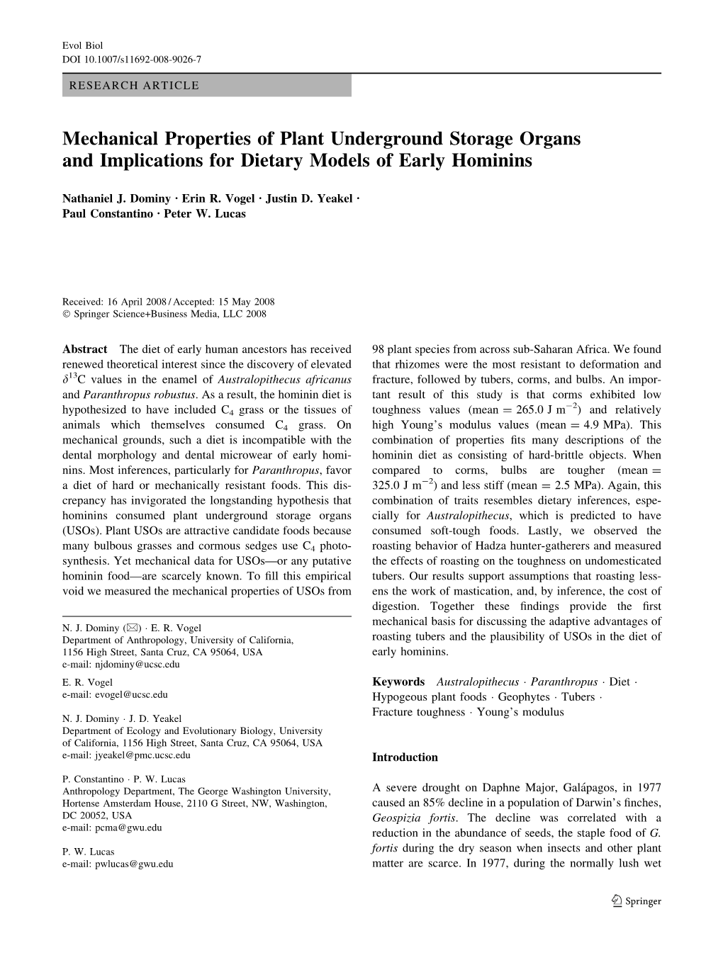 Underground Storage Organs and Implications for Dietary Models of Early Hominins