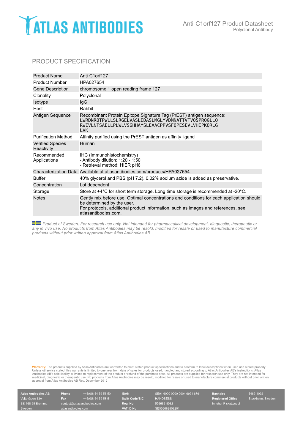 PRODUCT SPECIFICATION Anti-C1orf127