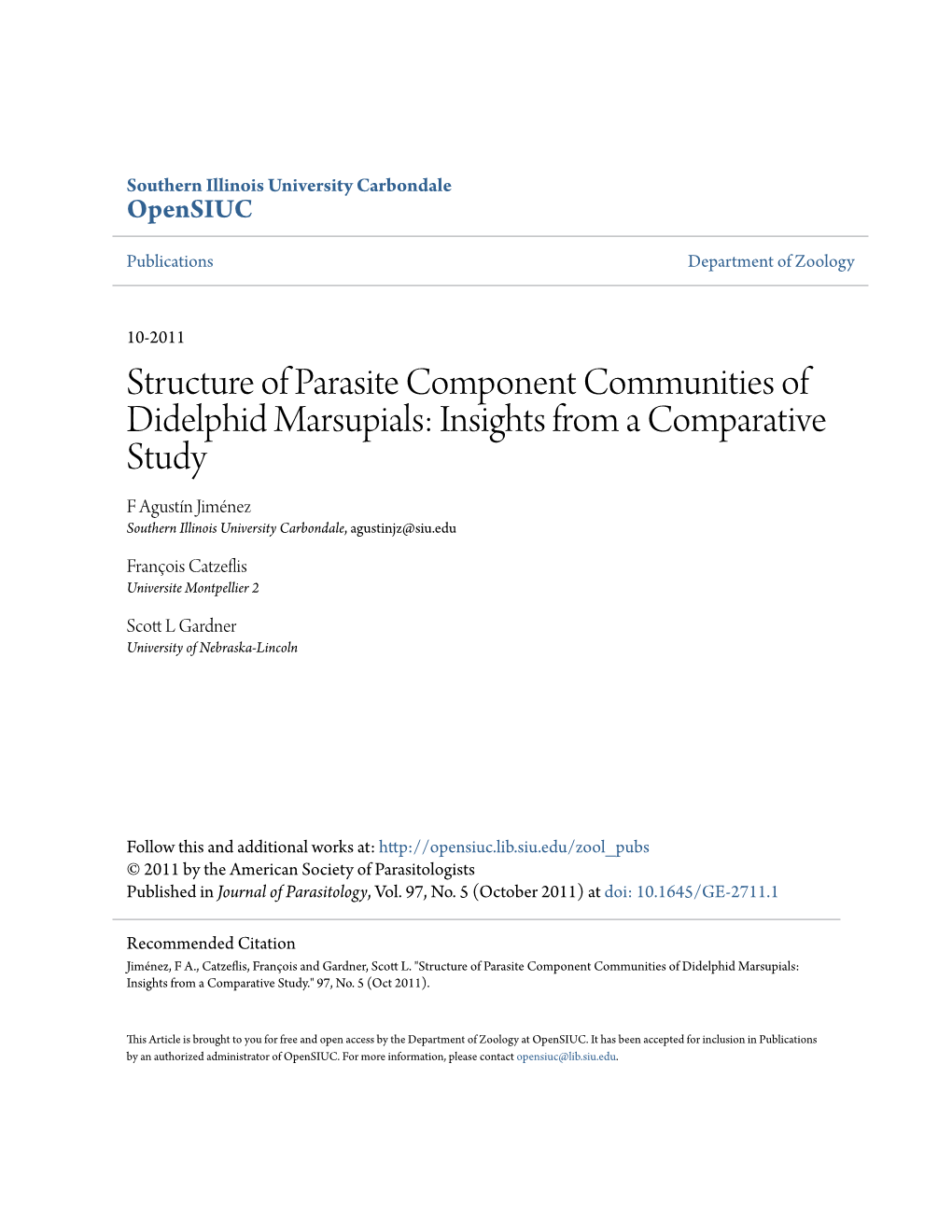 Structure of Parasite Component Communities of Didelphid Marsupials